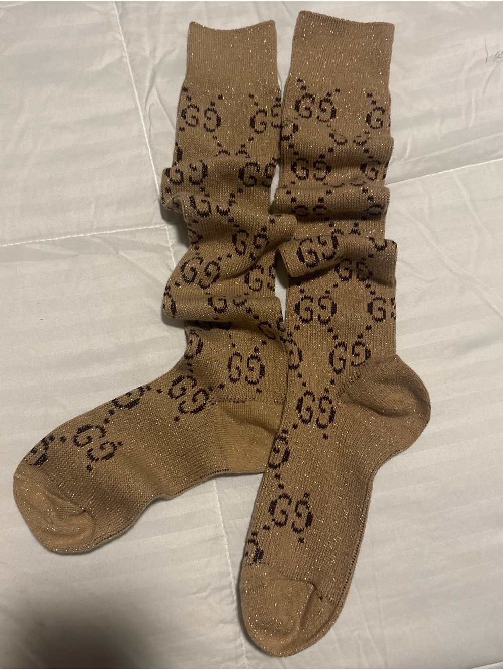 Designer-Style Tan Logo Crew Socks